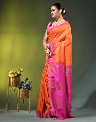 orange & pink silk blend saree with zari border 2