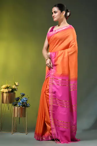 orange & pink silk blend saree with zari border