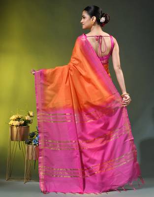 orange & pink silk blend saree with zari border 3