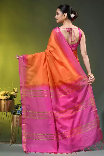 orange & pink silk blend saree with zari border