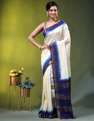 off white & blue silk blend saree with zari border 1