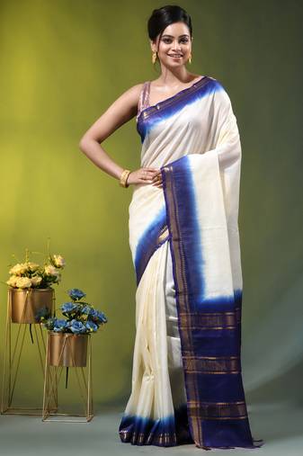 off white & blue silk blend saree with zari border