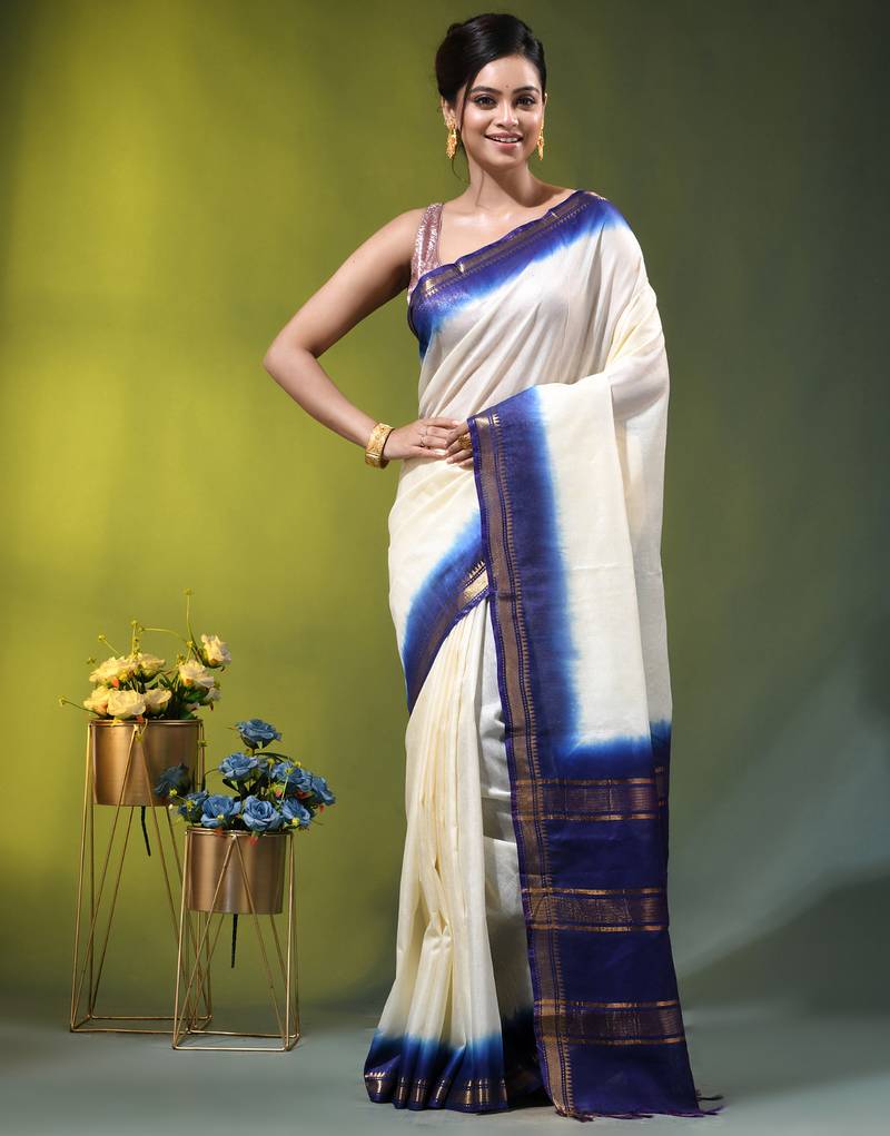 off white & blue silk blend saree with zari border