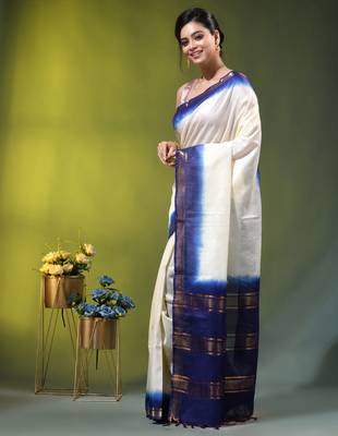 off white & blue silk blend saree with zari border 2
