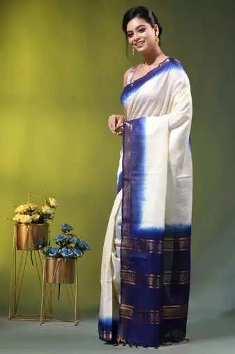 off white & blue silk blend saree with zari border