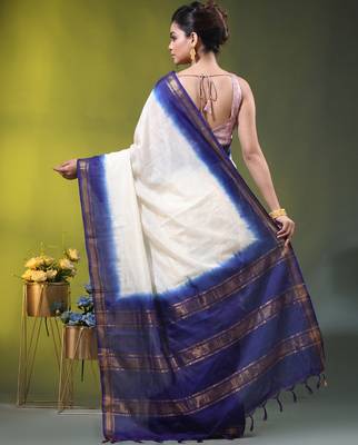 off white & blue silk blend saree with zari border 3