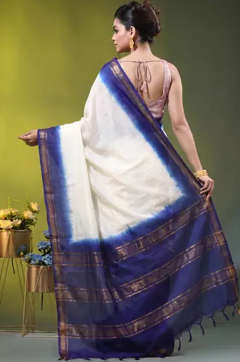 off white & blue silk blend saree with zari border
