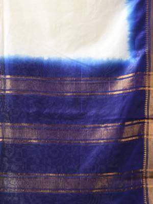 off white & blue silk blend saree with zari border 4