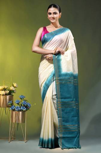 cream & teal blue silk blend saree with zari border