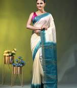 cream & teal blue silk blend saree with zari border