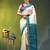 cream & teal blue silk blend saree with zari border