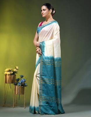 cream & teal blue silk blend saree with zari border 2