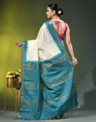 cream & teal blue silk blend saree with zari border 3