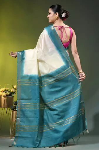 cream & teal blue silk blend saree with zari border