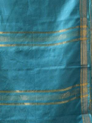 cream & teal blue silk blend saree with zari border 4