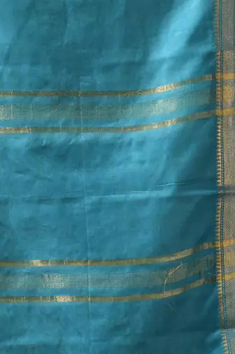 cream & teal blue silk blend saree with zari border