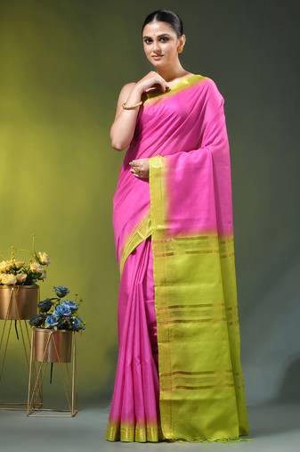 pink & green silk blend saree with zari border