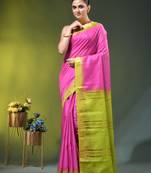pink & green silk blend saree with zari border