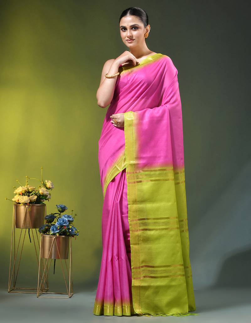pink & green silk blend saree with zari border