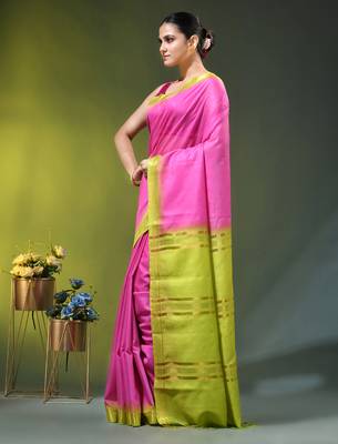 pink & green silk blend saree with zari border 2