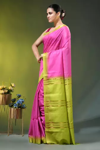 pink & green silk blend saree with zari border