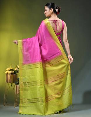 pink & green silk blend saree with zari border 3
