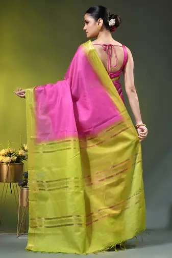 pink & green silk blend saree with zari border
