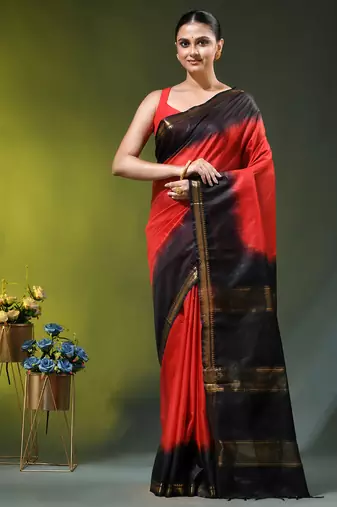 red & black silk blend saree with zari border
