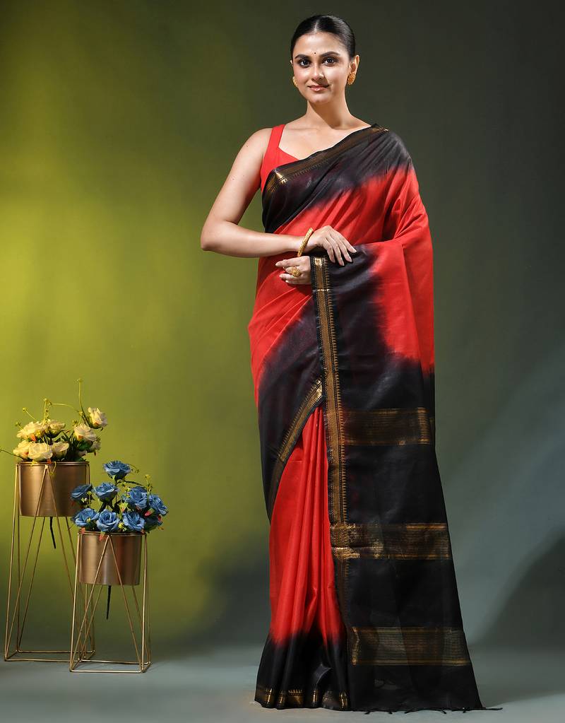 red & black silk blend saree with zari border