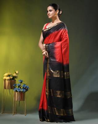 red & black silk blend saree with zari border 2