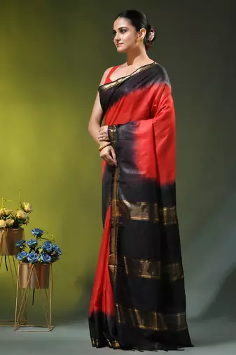 red & black silk blend saree with zari border