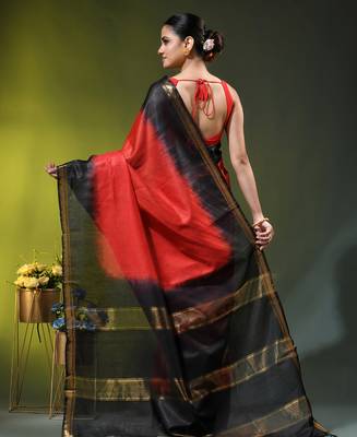 red & black silk blend saree with zari border 3