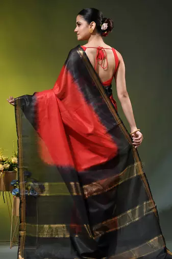 red & black silk blend saree with zari border