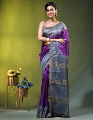 purple & grey silk blend saree with zari border 1