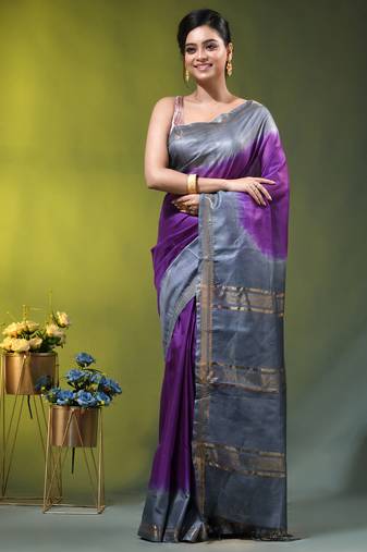 purple & grey silk blend saree with zari border
