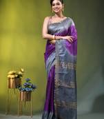 purple & grey silk blend saree with zari border