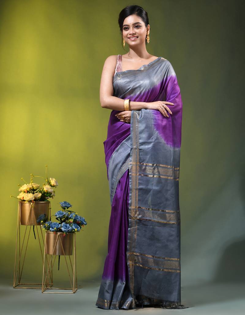 purple & grey silk blend saree with zari border