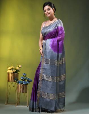 purple & grey silk blend saree with zari border 2