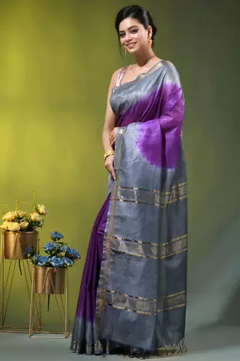 purple & grey silk blend saree with zari border