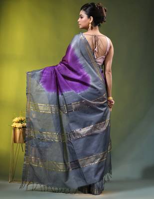 purple & grey silk blend saree with zari border 3