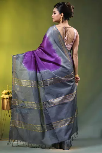 purple & grey silk blend saree with zari border