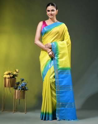 yellow & blue silk blend saree with zari border 1