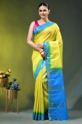 yellow & blue silk blend saree with zari border