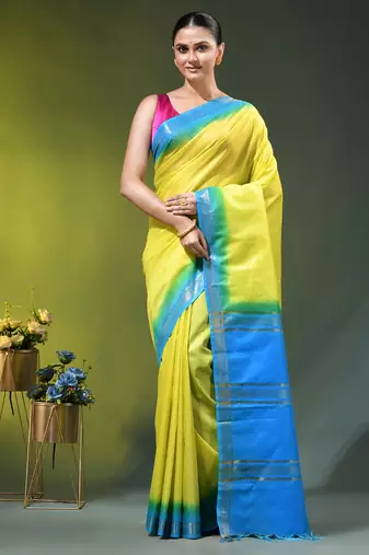 yellow & blue silk blend saree with zari border