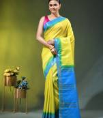 yellow & blue silk blend saree with zari border