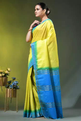 yellow & blue silk blend saree with zari border