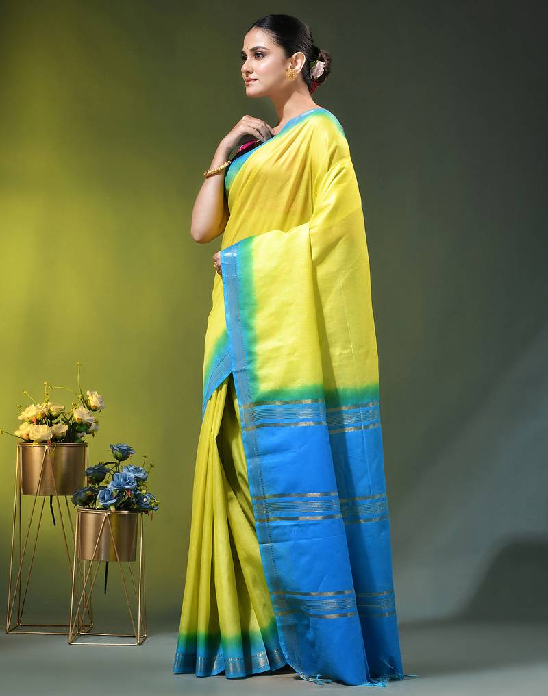 yellow & blue silk blend saree with zari border