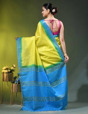 yellow & blue silk blend saree with zari border 3