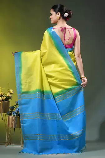 yellow & blue silk blend saree with zari border