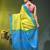yellow & blue silk blend saree with zari border